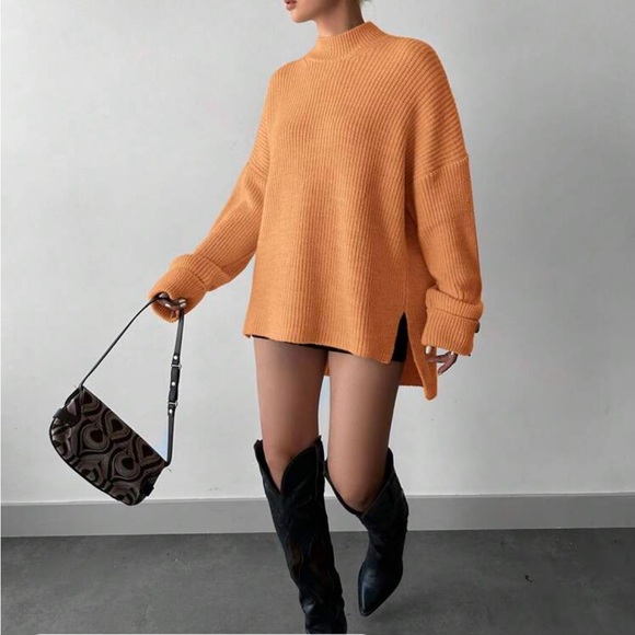 Cozy Mock High Neck Long Sleeve Slit Hi Low Hem Knit Sweater - Picture 8 of 13